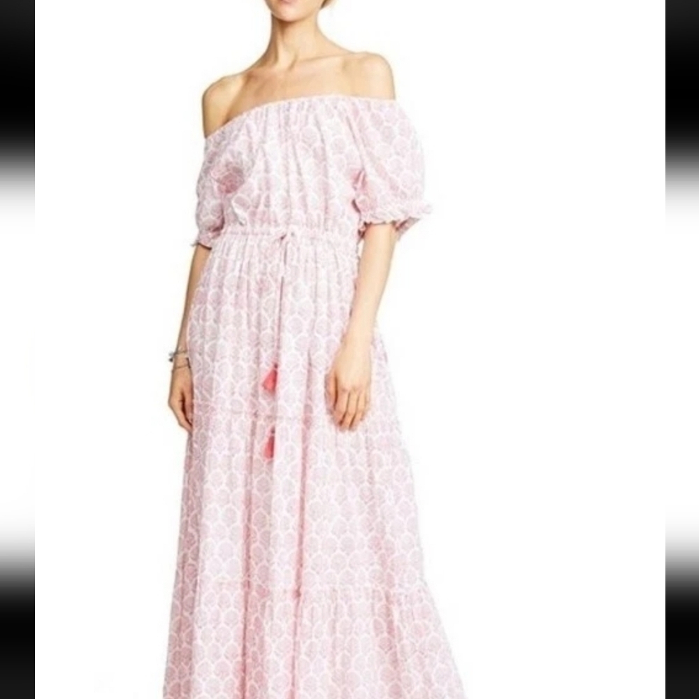 Roller Rabbit Pink Block Print Boho Maxi Dress XXS (L) Cotton Lined Tassel Tie